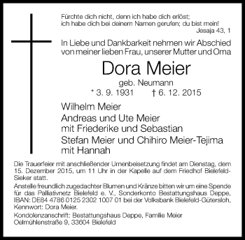 Traueranzeige von Dora Meier von Neue Westfälische