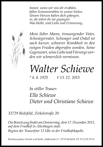 Traueranzeige von Walter Schiewe von Neue Westfälische