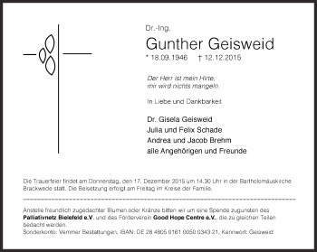 Traueranzeige von Gunther Geisweid von Neue Westfälische