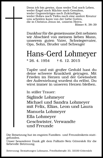 Traueranzeige von Hans-Gernd Lohmeyer von Neue Westfälische