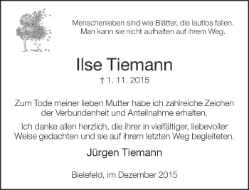Traueranzeige von Ilse Tiemann