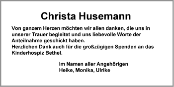 Traueranzeige von Christa Husemann von Neue Westfälische