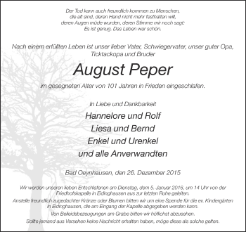 Traueranzeige von August Peper