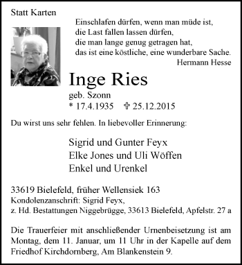 Traueranzeige von Inge Ries von Neue Westfälische