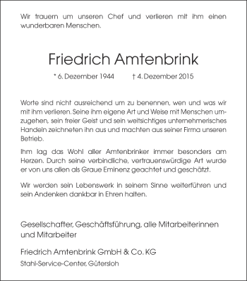 Traueranzeige von Friedrich Amtenbrink von Neue Westfälische