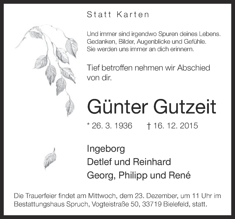  Traueranzeige für Günter Gutzeit vom 19.12.2015 aus Neue Westfälische
