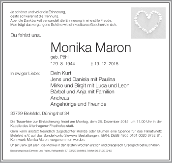 Traueranzeige von Monika Maron von Neue Westfälische