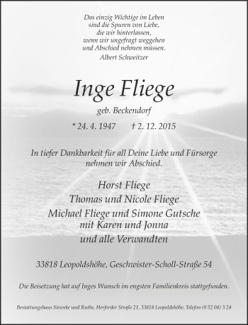 Traueranzeige von Inge Fliege