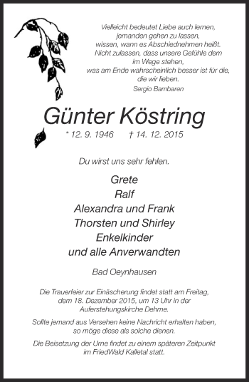 Traueranzeige von Günter Köstring