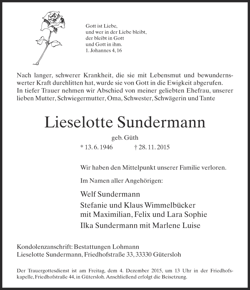  Traueranzeige für Lieselotte Sundermann vom 01.12.2015 aus Neue Westfälische