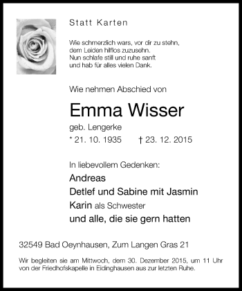 Traueranzeige von Emma Wisser