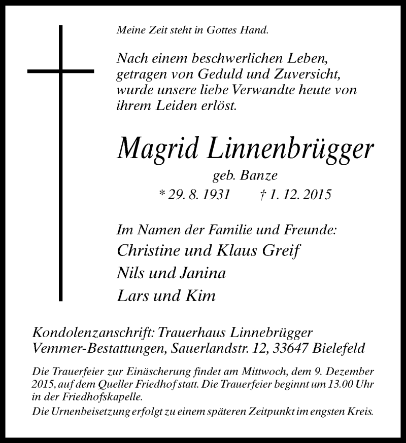  Traueranzeige für Magrid Linnenbrügger vom 05.12.2015 aus Neue Westfälische