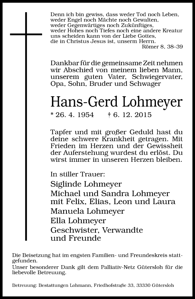  Traueranzeige für Hans-Gernd Lohmeyer vom 12.12.2015 aus Neue Westfälische