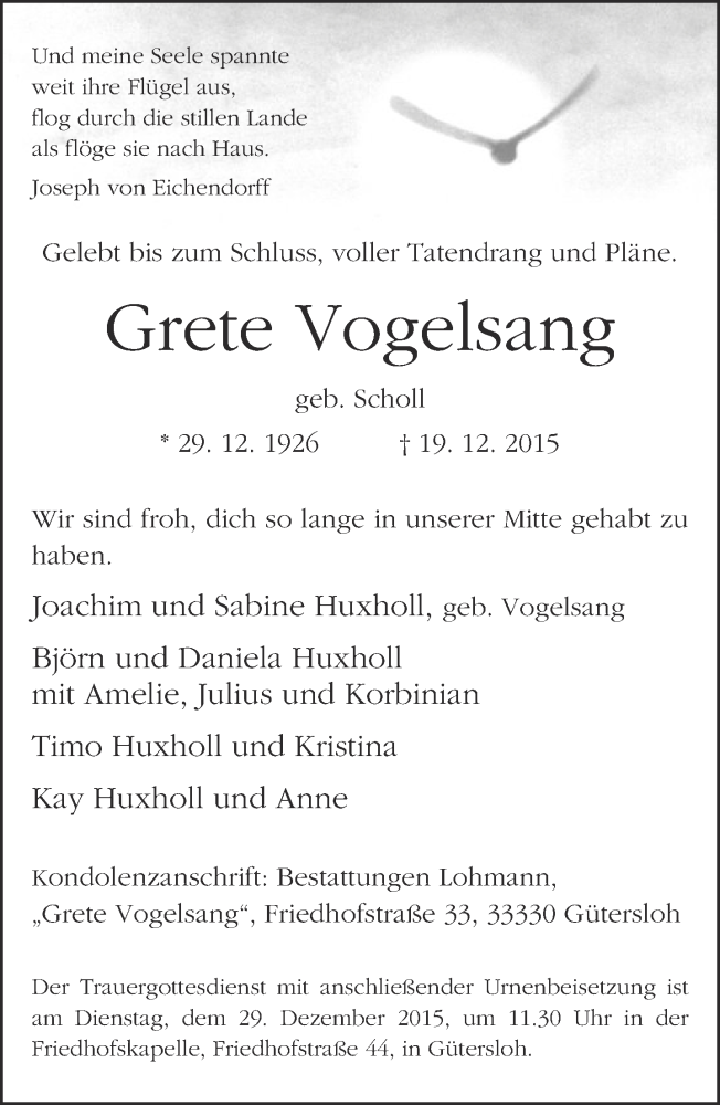  Traueranzeige für Grete Vogelsang vom 23.12.2015 aus Neue Westfälische