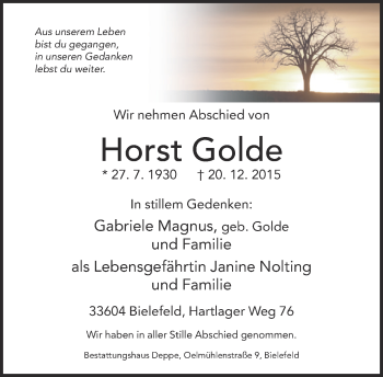 Traueranzeige von Horst Golde von Neue Westfälische