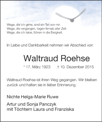 Traueranzeige von Waltraud Roehse von Neue Westfälische
