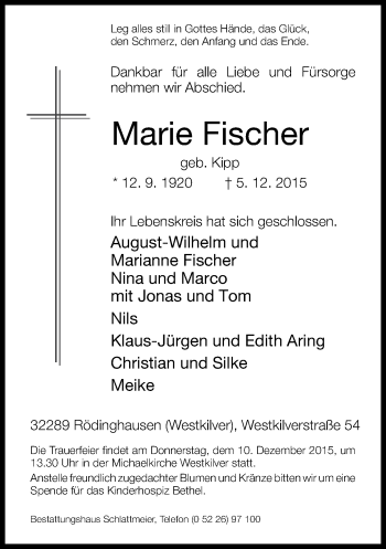 Traueranzeige von Marie Fischer von Neue Westfälische