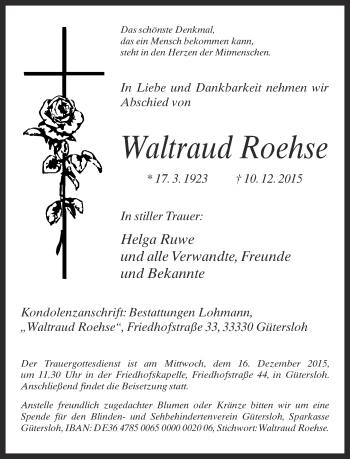 Traueranzeige von Waltraud Roehse von Neue Westfälische