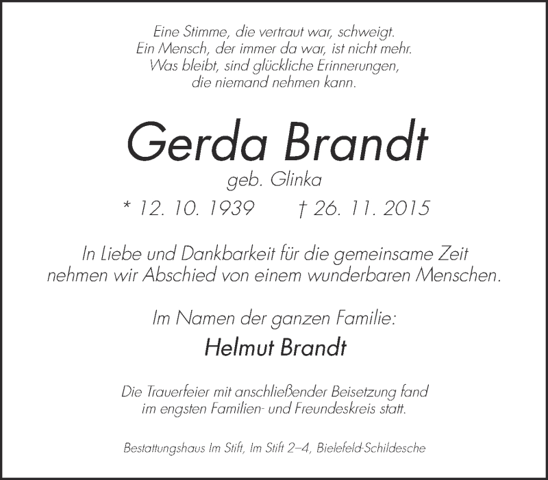  Traueranzeige für Gerda Brandt vom 12.12.2015 aus Neue Westfälische