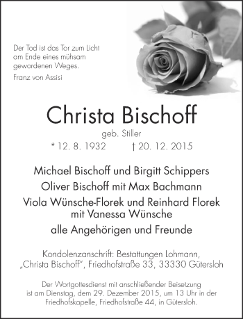 Traueranzeige von Christa Bischoff von Neue Westfälische