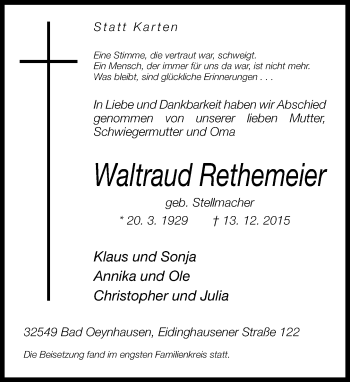 Traueranzeige von Waltraud Rethemeier