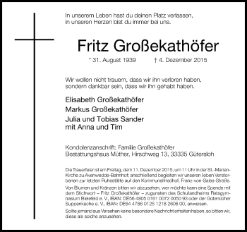 Traueranzeige von Fritz Großekathöfer von Neue Westfälische