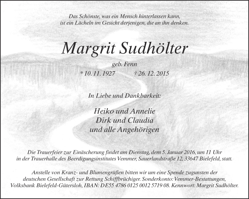 Traueranzeige für Margrit Sudhölter vom 31.12.2015 aus Neue Westfälische