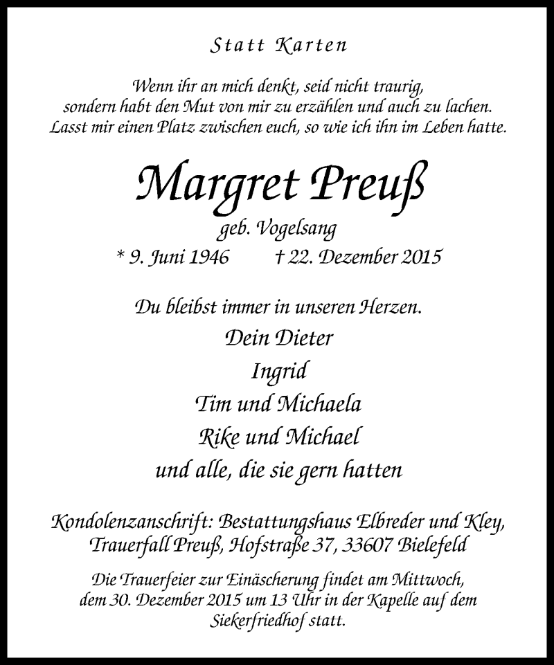  Traueranzeige für Margret Preuß vom 24.12.2015 aus Neue Westfälische