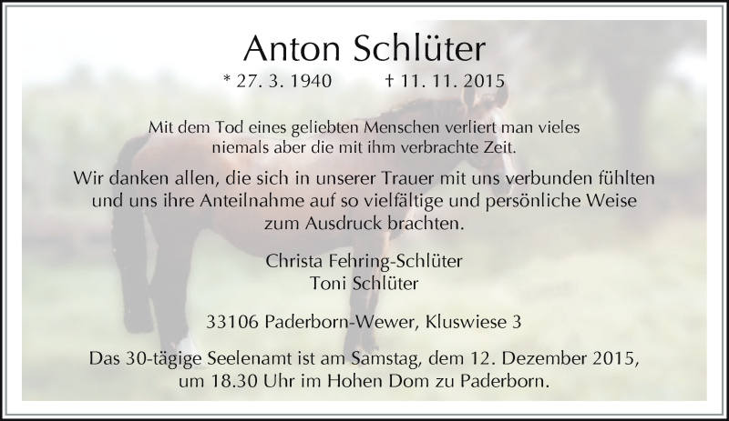  Traueranzeige für Anton Schlüter vom 09.12.2015 aus Neue Westfälische