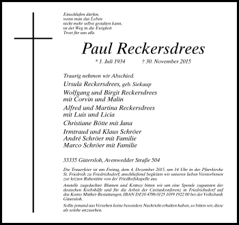 Traueranzeige von Paul Reckersdrees von Neue Westfälische