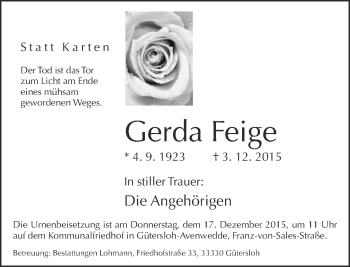 Traueranzeige von Gerda Feige von Neue Westfälische