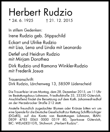 Traueranzeige von Herbert Rudzio von Neue Westfälische
