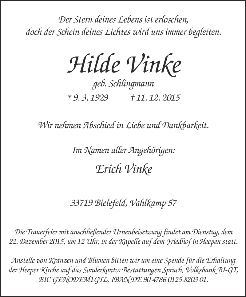  Traueranzeige für Hilde Vinke vom 19.12.2015 aus Neue Westfälische