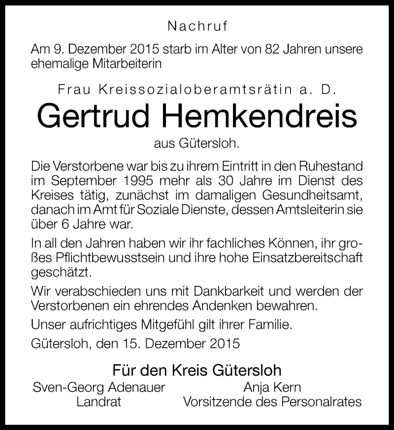  Traueranzeige für Gertrud Hemkendreis vom 16.12.2015 aus Neue Westfälische