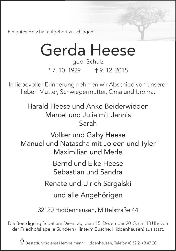  Traueranzeige für Gerda Heese vom 12.12.2015 aus Neue Westfälische