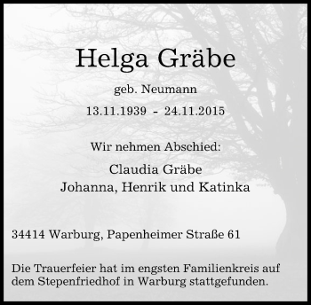 Traueranzeige von Helga Gräbe von Neue Westfälische