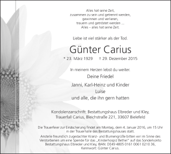 Traueranzeige von Günter Carius von Neue Westfälische