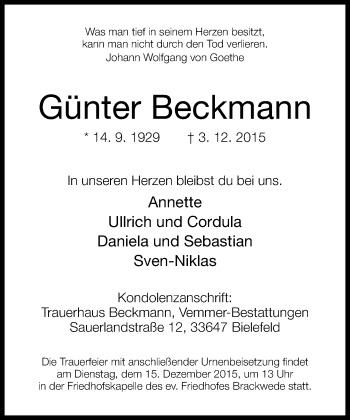 Traueranzeige von Günter Beckmann von Neue Westfälische
