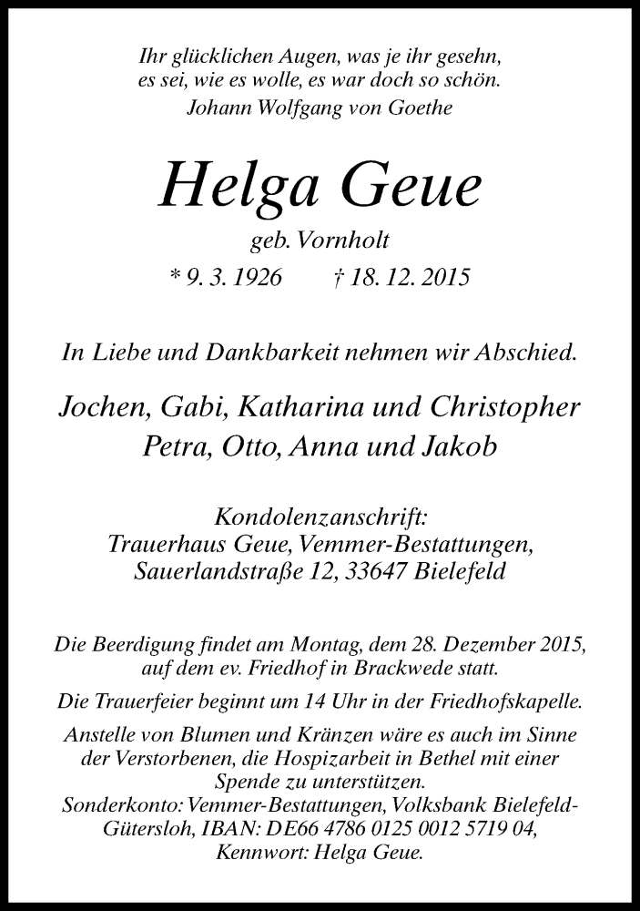  Traueranzeige für Helga Geue vom 22.12.2015 aus Neue Westfälische