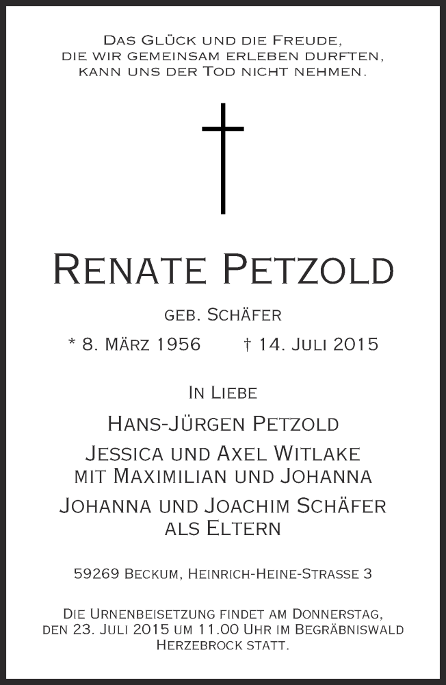  Traueranzeige für Renate Petzold vom 18.07.2015 aus Neue Westfälische