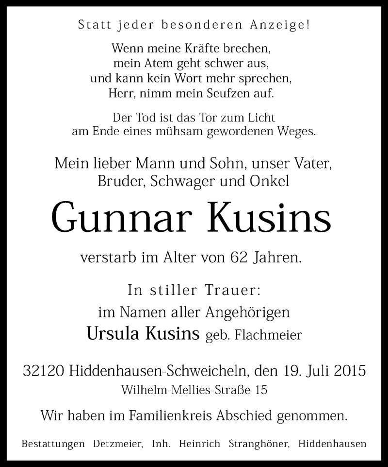  Traueranzeige für Gunnar Kusins vom 30.07.2015 aus Neue Westfälische