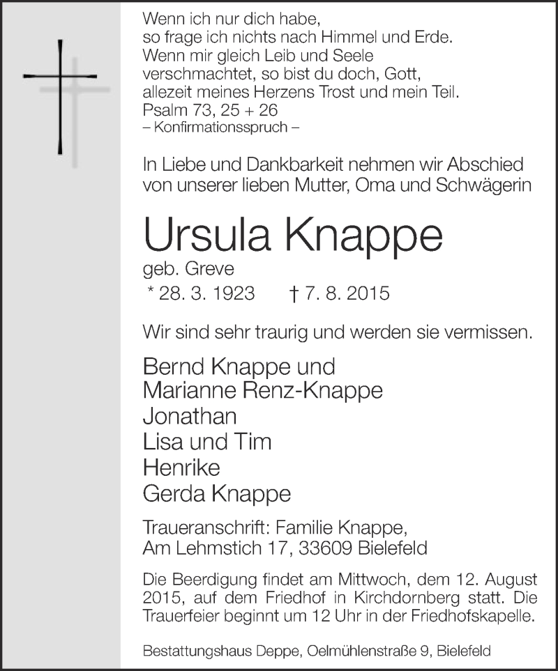  Traueranzeige für Ursula Knappe vom 08.08.2015 aus Neue Westfälische