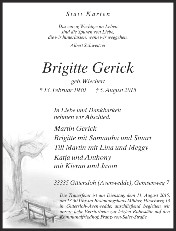 Traueranzeige von Brigitte Gerick von Neue Westfälische