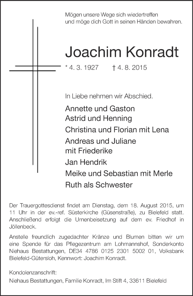  Traueranzeige für Joachim Konradt vom 08.08.2015 aus Neue Westfälische