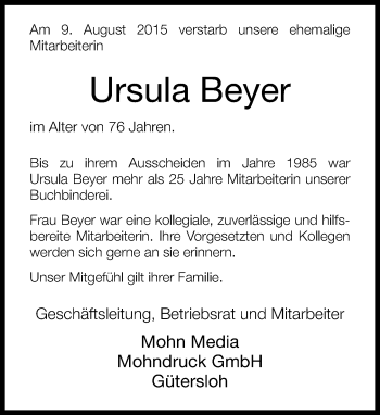 Traueranzeige von Ursula Beyer