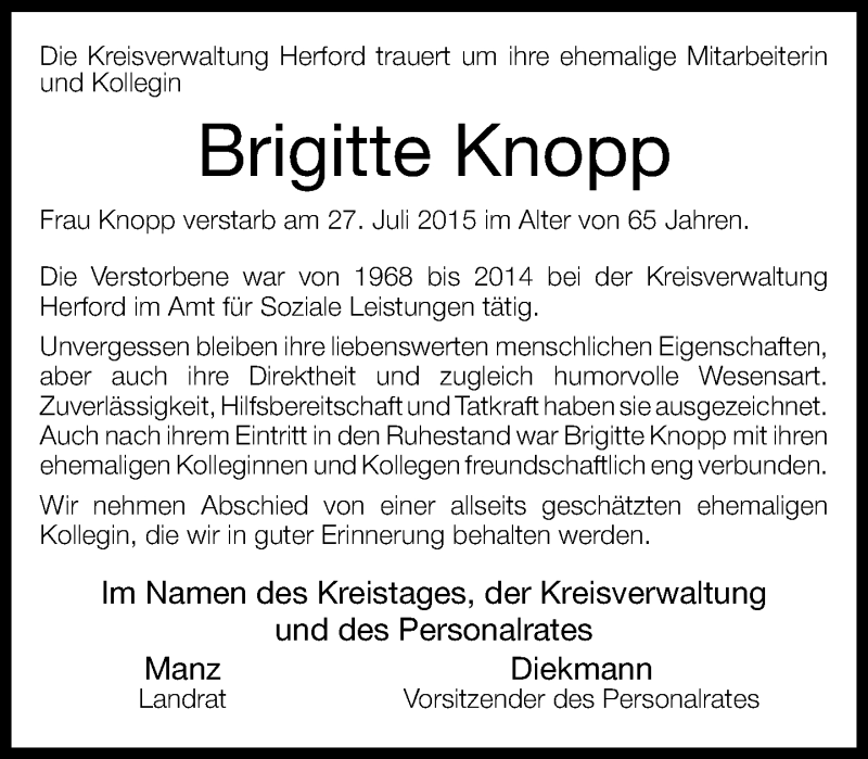  Traueranzeige für Brigitte Knopp vom 01.08.2015 aus Neue Westfälische