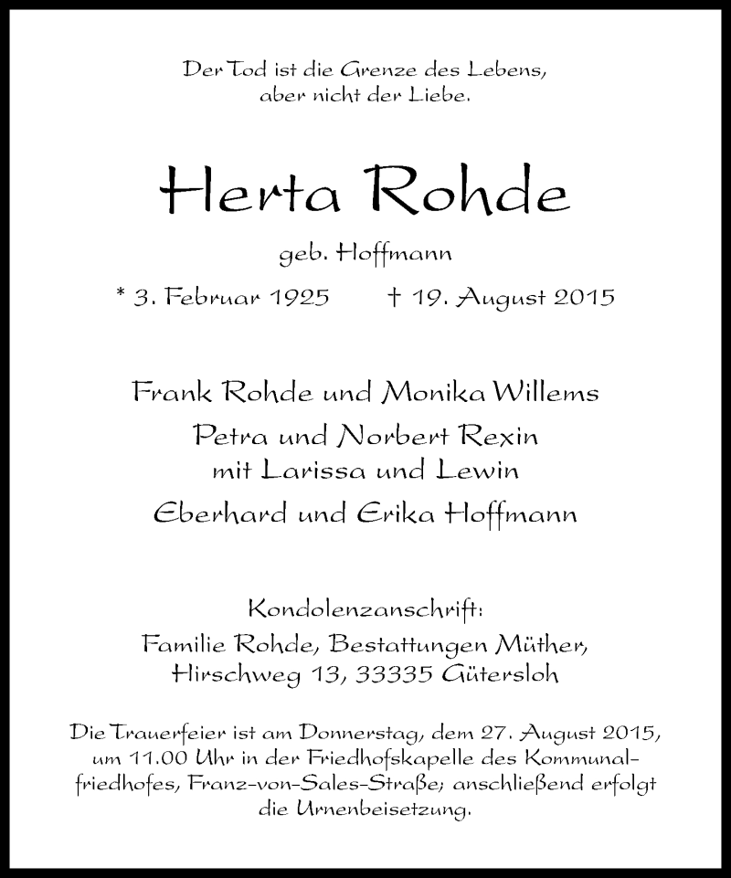  Traueranzeige für Herta Rohde vom 22.08.2015 aus Neue Westfälische