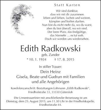 Traueranzeige von Edith Radkowski