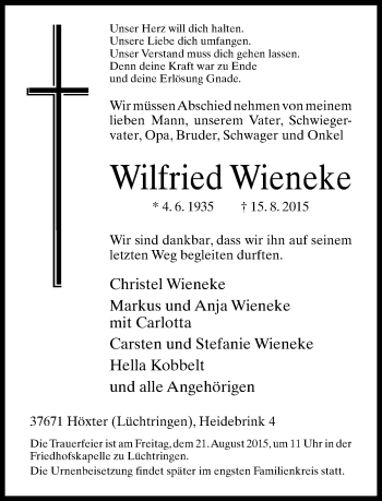Traueranzeige von Wilfried Wieneke von Neue Westfälische
