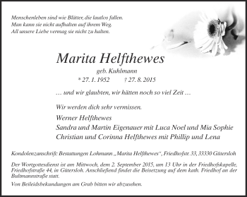 Traueranzeige von Marita Helfthewes